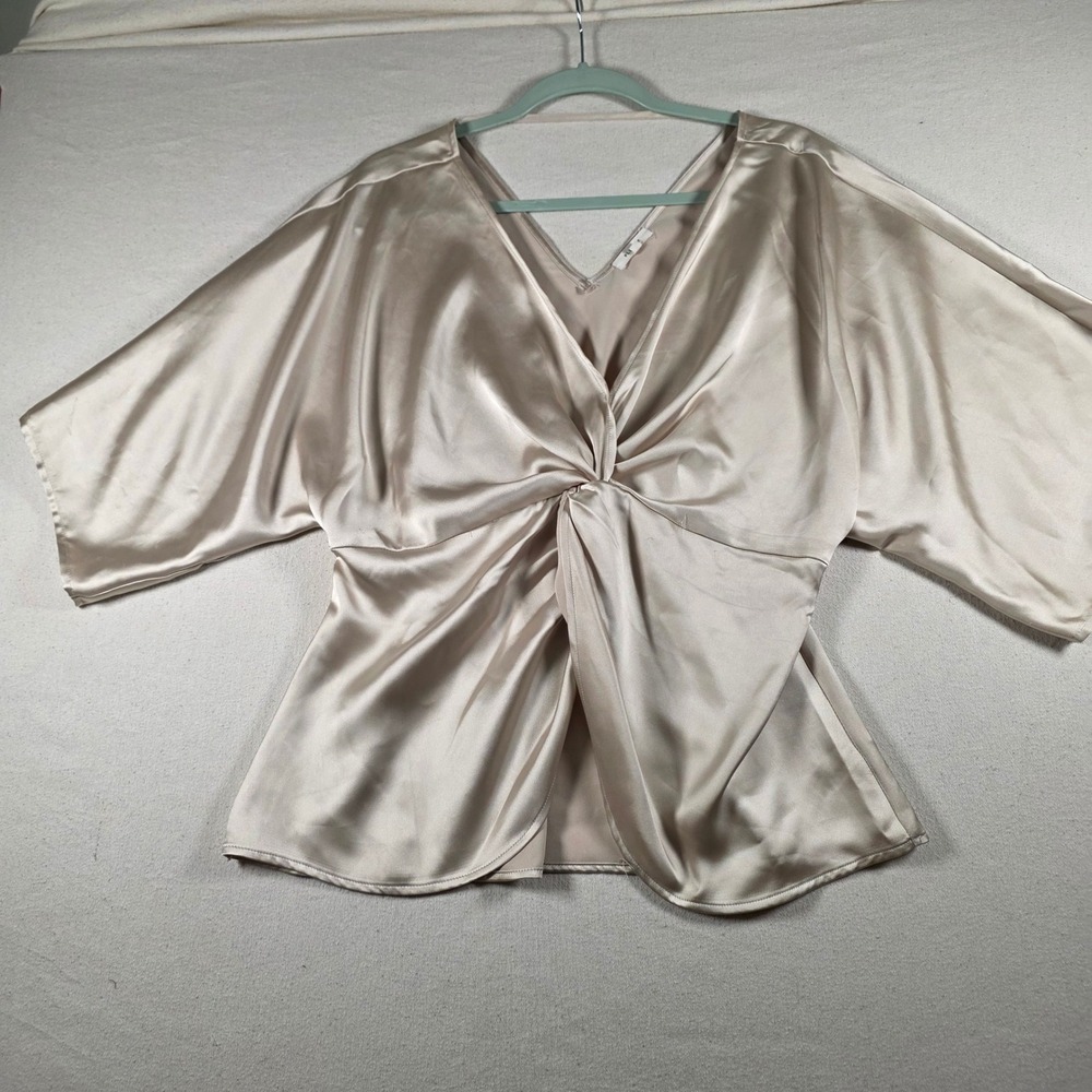 Pleione Womens Champagne Satin Twist Front Kimono Sleeve V-Neck Blouse Medium